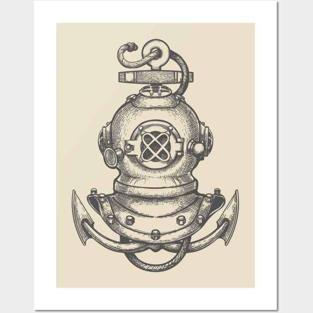 Diving Helmet and Ship Anchor Wall Art by devaleta